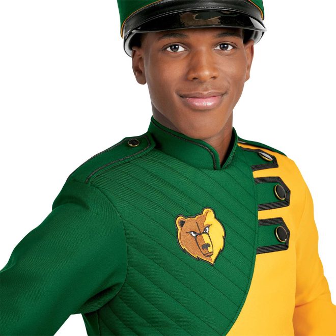 Custom green and yellow with black trim marching band uniform. Front view close up