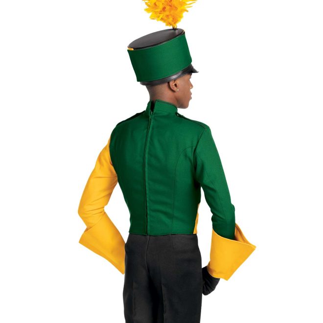 Custom green and yellow with black trim marching band uniform. Back view with matching shako, yellow gauntlets, and black gloves and pants