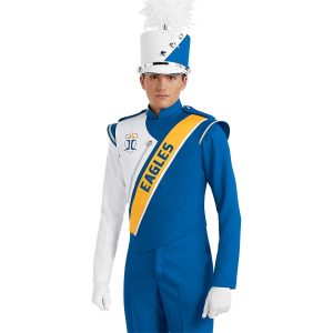 Custom royal and white with yellow detailing marching band uniform. Front view with matching shako, royal pants, and white gloves