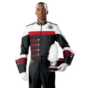 Custom black and white with red detailing marching band uniform. Front view with matching shako and gauntlets, black pants, and white gloves