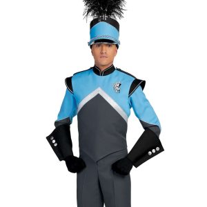 Custom light blue and grey with silver detailing marching band uniform. Front view with matching shako, black gauntlets and gloves, and grey pants