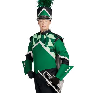 Custom green geometric, black and white marching band uniform. Front view with matching shako and black pants and gloves, green gauntlets, with green cape holding instrument