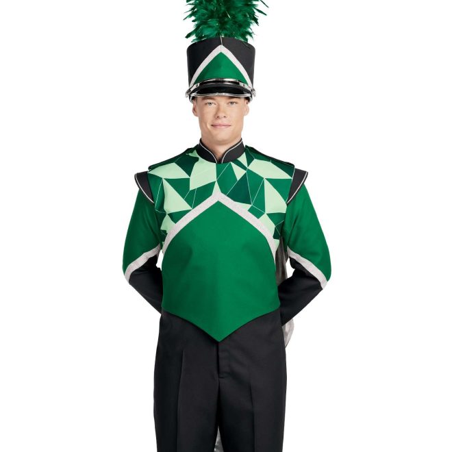 Custom green geometric, black and white marching band uniform. Front view with matching shako and black pants with green cape