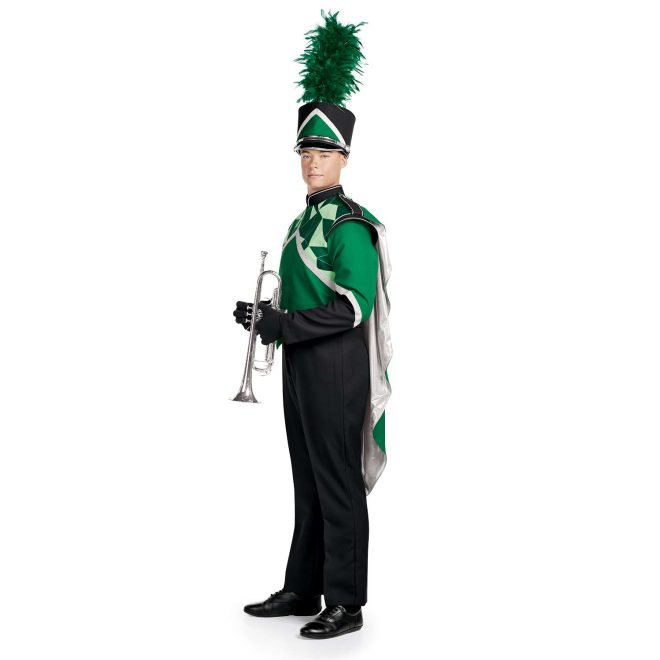 Custom green geometric, black and white marching band uniform. Side view with matching shako and black pants and gloves, with green cape holding instrument