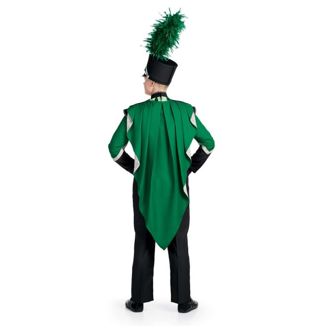 Custom green geometric, black and white marching band uniform. Back view with matching shako and black pants with green cape
