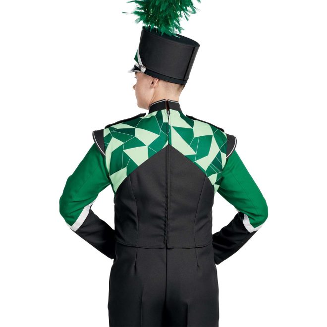 Custom green geometric, black and white marching band uniform. Back view with matching shako and black pants
