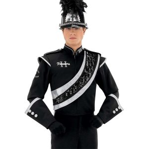 Custom black with silver detailing marching band uniform. Front view with black sequin and silver sash, black with silver trim gauntlets, black with silver accessories helmet, and black gloves and pants