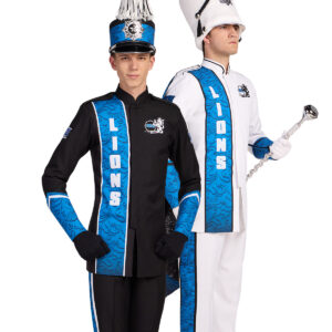 Two models wearing custom marching band uniforms, one in black and blue with white accents, and one in white and black with black accents, cropped front view and right three-quarters view.