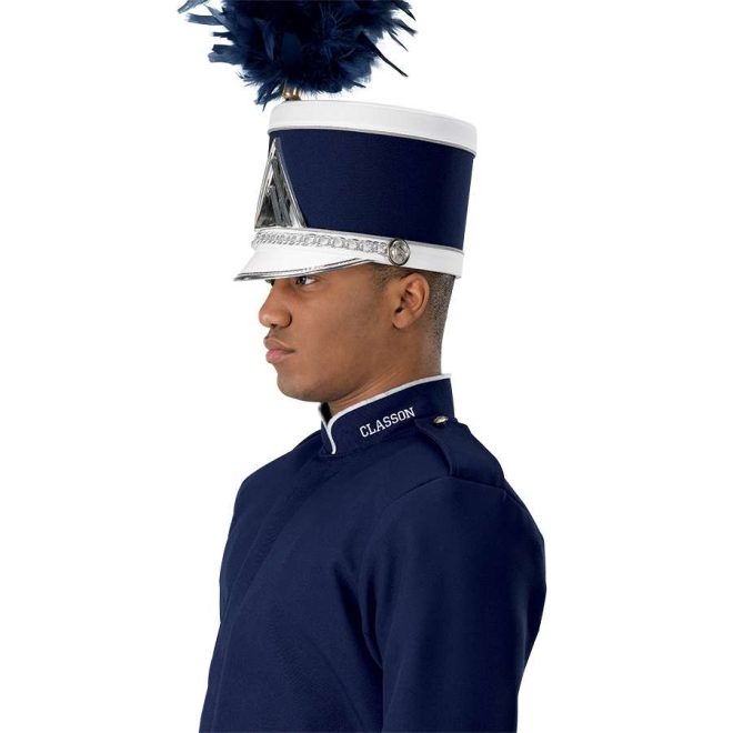 Custom navy with white detailing marching band uniform long sleeve. Side view with matching shako