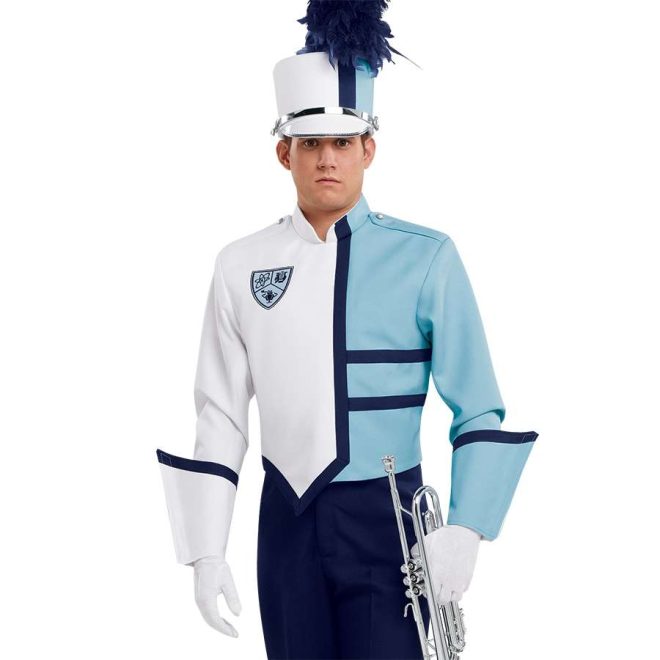 Custom white and light blue with navy detailing marching band uniform. Front view with matching shako and gauntlets, white gloves, and navy pants holding instrument