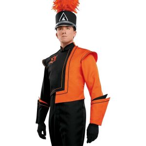 Custom black and orange marching band uniform. Front view with matching shako and gauntlets, and black pants and gloves