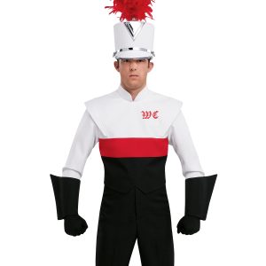 Custom white, red, and black long sleeve marching band uniform. Front view with white shako with silver accessories and red feather, black gloves and pants, and black gauntlets