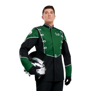 Custom forest and black with white detailing long sleeve marching band uniform. Front view with black gloves and pants holding silver spartan helmet