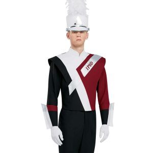 Custom black and maroon with white and silver detailing marching band uniform. Front view with white shako with silver accessories, black pants, white gloves, and silver, white, black, and maroon gauntlets