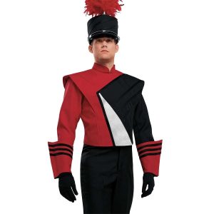 Custom scarlet and black with silver detailing marching band uniform. Front view with black shako with scarlet feather, scarlet with black stripes gauntlets, and black gloves and pants