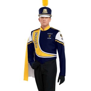 Custom navy with yellow and white detailing long sleeve marching band uniform. Front view with matching shako, black gloves, and black pants. Yellow shoulder cape on right