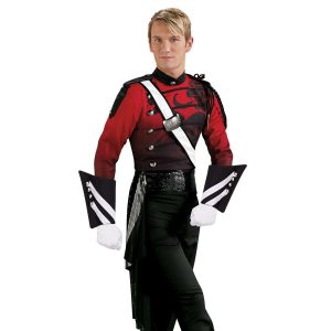 Custom red and black marching band uniform. Front view with white sash, black and white gauntlets, white gloves, black pants, black sequin waist and drop off right hip