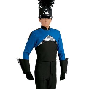 Custom royal and black with black and white detailing marching band uniform long sleeve. Front view with black gloves and pants, black shako and black with black and white detailing gauntlets