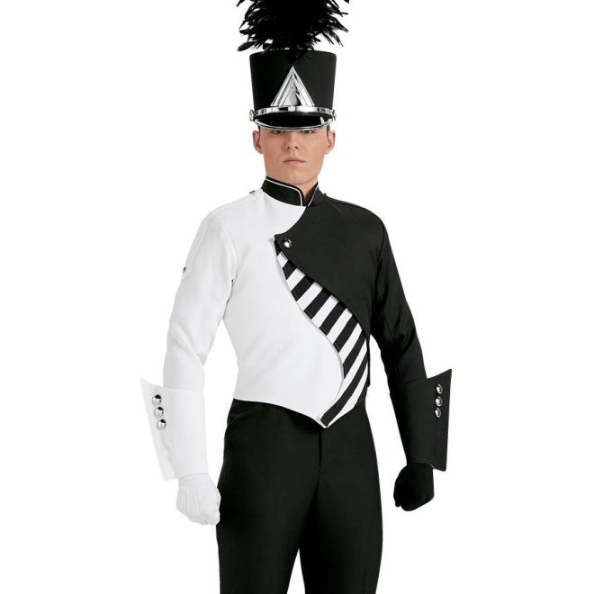 Custom black and white with black and white striped panel marching band uniform. Front view with black shako with silver accessories, black pants, one white gauntlet and glove, and one black gauntlet and glove