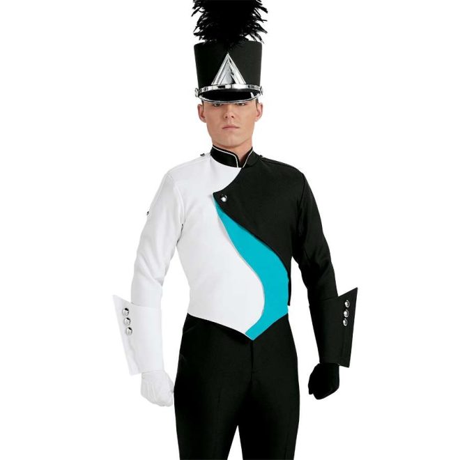 Custom black and white with teal panel marching band uniform. Front view with black shako with silver accessories, black pants, one white gauntlet and glove, and one black gauntlet and glove