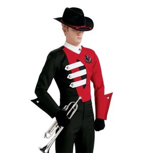 Custom red and black with white detailing long sleeve marching band uniform. Front view with black gloves and pants, black flocked hat, one black gauntlet and one red gauntlet holding instrument