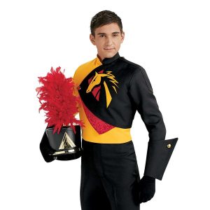 Custom black, yellow, and red marching band uniform. Front view with black with gold accessories and red feather, and black gauntlets, gloves, and pants