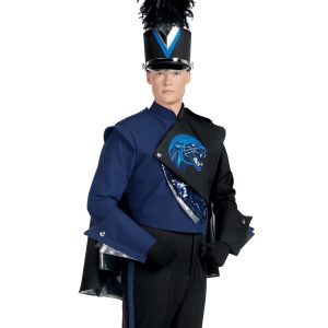 Custom navy and black with royal mascot and navy sequin and silver details. Front view with black gloves, one navy gauntlet, and one black gauntlet, matching shako, and black pants
