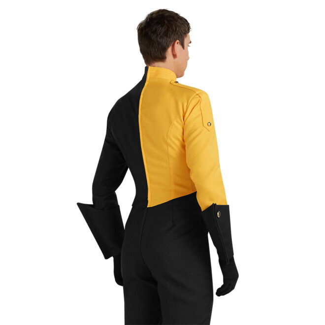 Custom light gold and black marching band uniform. Back view with black gauntlets, black gloves, and pants