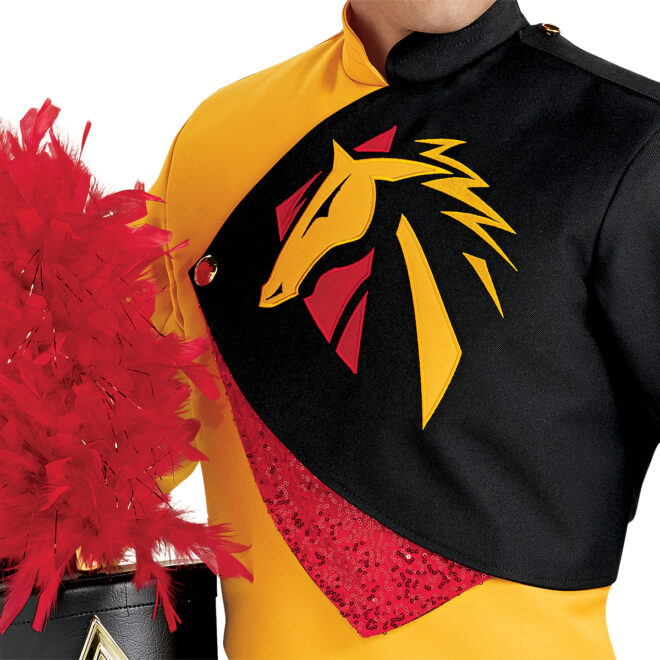 Custom black, yellow, and red marching band uniform. Front view detail