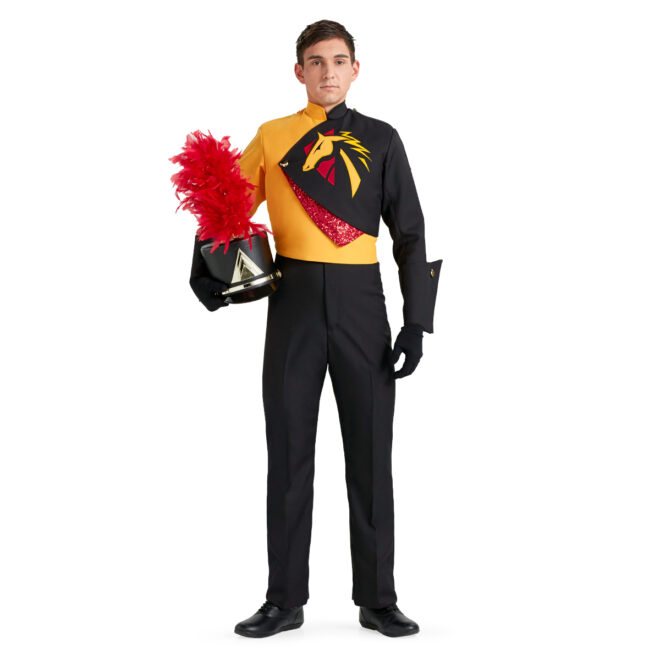 Custom black, yellow, and red marching band uniform. Front view