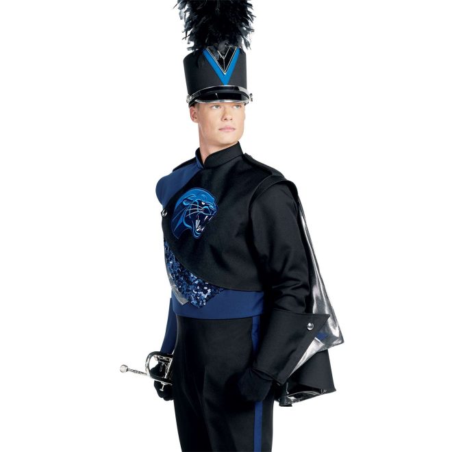 Custom navy and black with royal mascot and navy sequin and silver details. Front view with black gloves, one navy gauntlet, and one black gauntlet, matching shako, and black pants