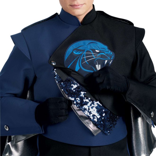 Custom navy and black with royal mascot and navy sequin and silver details. Front view close up with black gloves, one navy gauntlet, and one black gauntlet