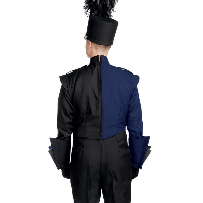 Custom navy and black marching band uniform. Back view with black shako, one black gauntlet, one navy gauntlet, and black gloves and pants