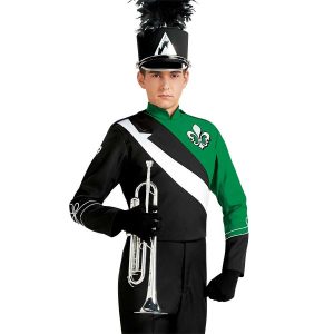 Custom kelly and black with white detailing marching band uniform. Front view with black with silver accessories shako, black pants and gloves holding instrument