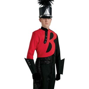 Custom red and sparkly black long sleeve marching band uniform. Front view with black with silver accessories shako, black gauntlets, black gloves, and black pants