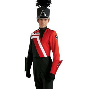 Custom red, white, and black long sleeve marching band uniform. Front view with black shako with silver accessories, black gloves and pants, one black gauntlet and one red gauntlet