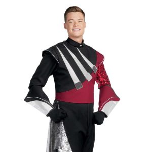 Custom black and scarlet with scarlet sequin left arm and silver detailing marching band uniform. Front view with black pants, one scarlet and white gauntlet and one black and white gauntlet and silver sequin drop off right hip, and black gloves