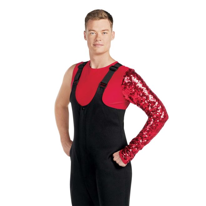 Custom scarlet marching band uniform undershirt with sleeveless right arm and scarlet sequin left arm under black bibber front view