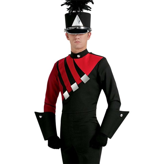 Custom red and black marching band uniform long sleeve. Front view with black shako with silver accessories, black pants, gloves, and gauntlets