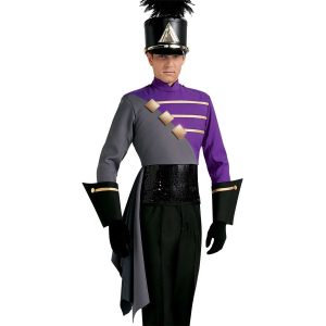 Custom purple and grey with gold detailing and black sequin waist long sleeve marching band uniform with grey drop off right sleeve. Front view with black shako with gold accessories, black pants and gloves, and black with gold detailing gauntlets