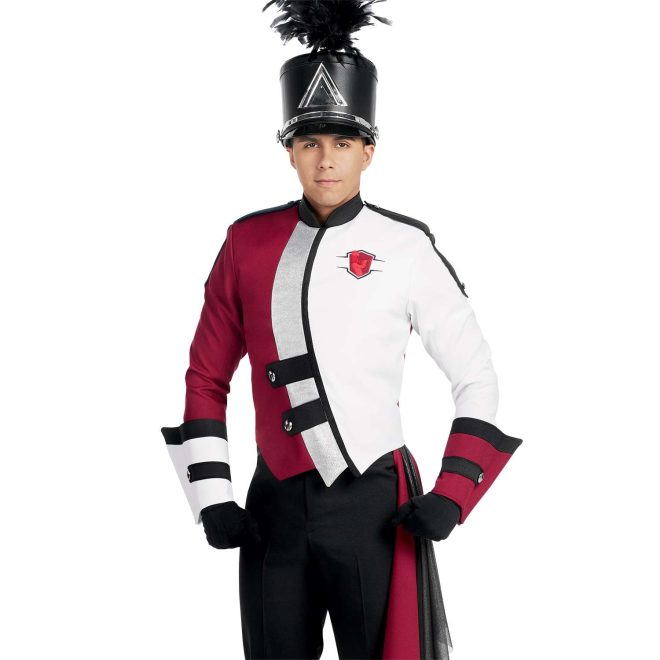 Custom brick and white with black detailing marching band uniform. Front view with black shako and pants, black gloves, silver sparkly and brick drop off left hip, one brick and black gauntlet, and one white and black gauntlet