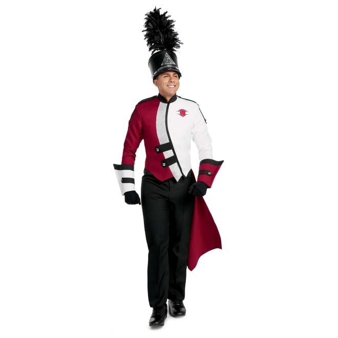 Custom brick and white with black detailing marching band uniform. Front view with black shako and pants, black gloves, silver sparkly and brick drop off left hip, one brick and black gauntlet, and one white and black gauntlet