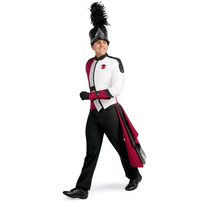 Custom brick and white with black detailing marching band uniform. Side view with black shako and pants, black gloves, silver sparkly and brick drop off left hip, one brick and black gauntlet, and one white and black gauntlet