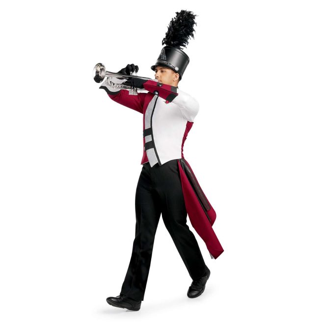 Custom brick and white with black detailing marching band uniform. Side view with black shako and pants, black gloves, silver sparkly and brick drop off left hip, one brick and black gauntlet, and one white and black gauntlet holding instrument