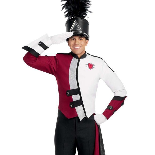 Custom brick and white with black detailing marching band uniform. Front view with black shako and pants, white gloves, silver sparkly and brick drop off left hip, one brick and black gauntlet, and one white and black gauntlet