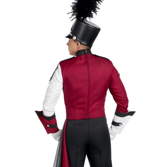 Custom brick and white with black detailing marching band uniform. Back view with black shako and pants, white gloves, silver sparkly and brick drop off left hip, one brick and black gauntlet, and one white and black gauntlet