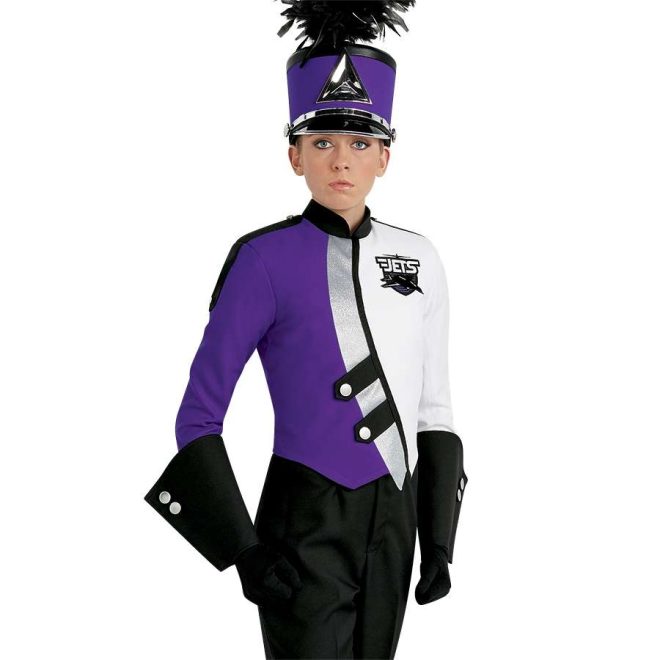 Custom purple and white with black and silver detailing marching band uniform. Front view with matching shako, and black gloves, gauntlets, and pants