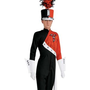 Custom black and orange with tiger pattern and white detailing marching band uniform. Front view with matching shako, white gauntlets, gloves and drop off left hip, and black pants