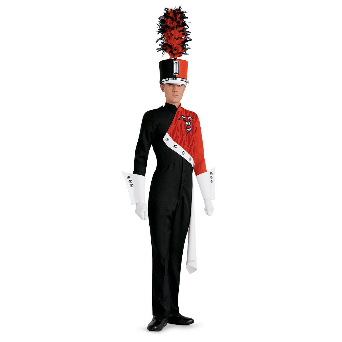 Custom black and orange with tiger pattern and white detailing marching band uniform. Front view with matching shako, white gauntlets, gloves and drop off left hip, and black pants
