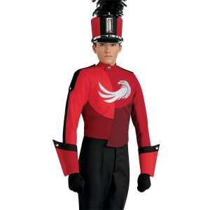 Custom reds with black detailing marching band uniform. Front view with matching shako and gauntlets, and black gloves and pants